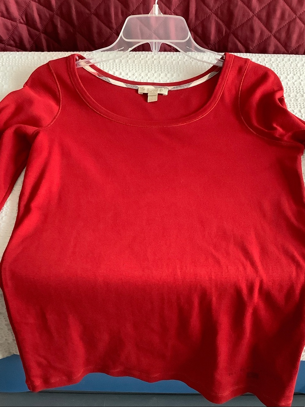 Burberry Red Long-Sleeve Scoop Neck Top with Plaid Trim - Picture 8 of 8